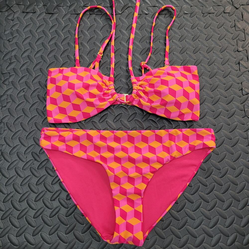 HEAT Swimwear Geometric Bikini Set Pink Orange Retro Print Size M
